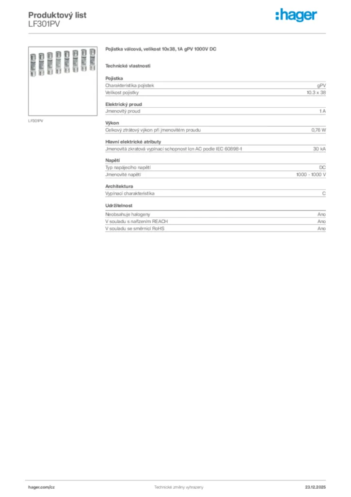 Obrázek Hager Product data sheet LF301PV | Hager