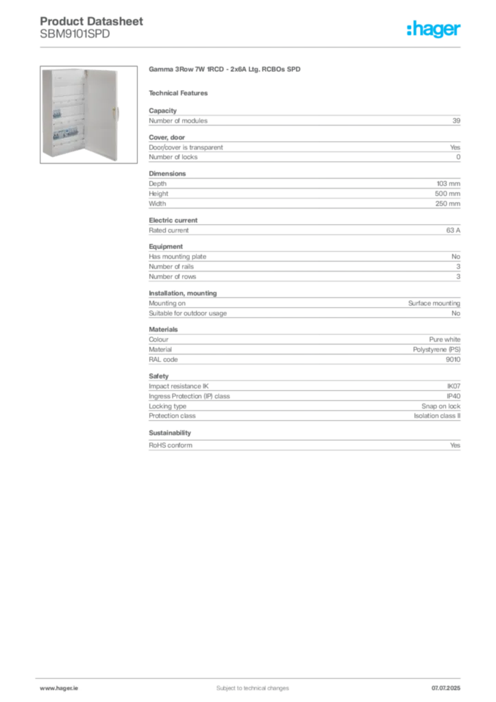 Image Hager Product data sheet SBM9101SPD  | Hager