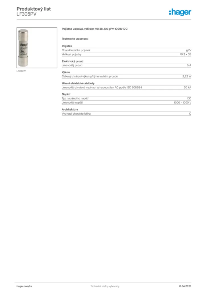 Obrázek Hager Product data sheet LF305PV | Hager
