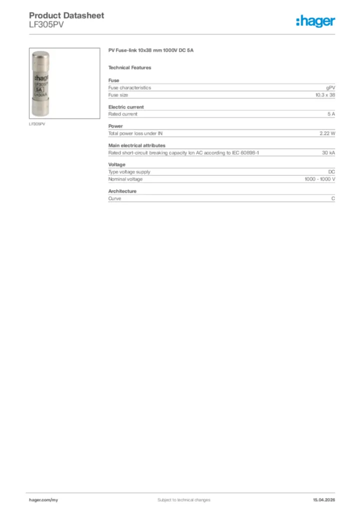 Image Hager Product data sheet LF305PV  | Hager