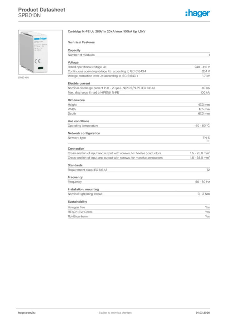 Image Hager Product data sheet SPB010N  | Hager Australia