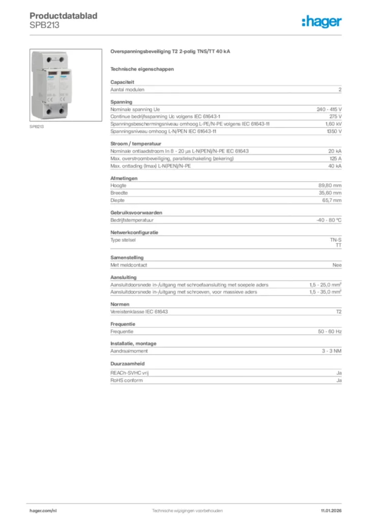 Afbeelding Hager Productdatablad SPB213 | Hager Nederland