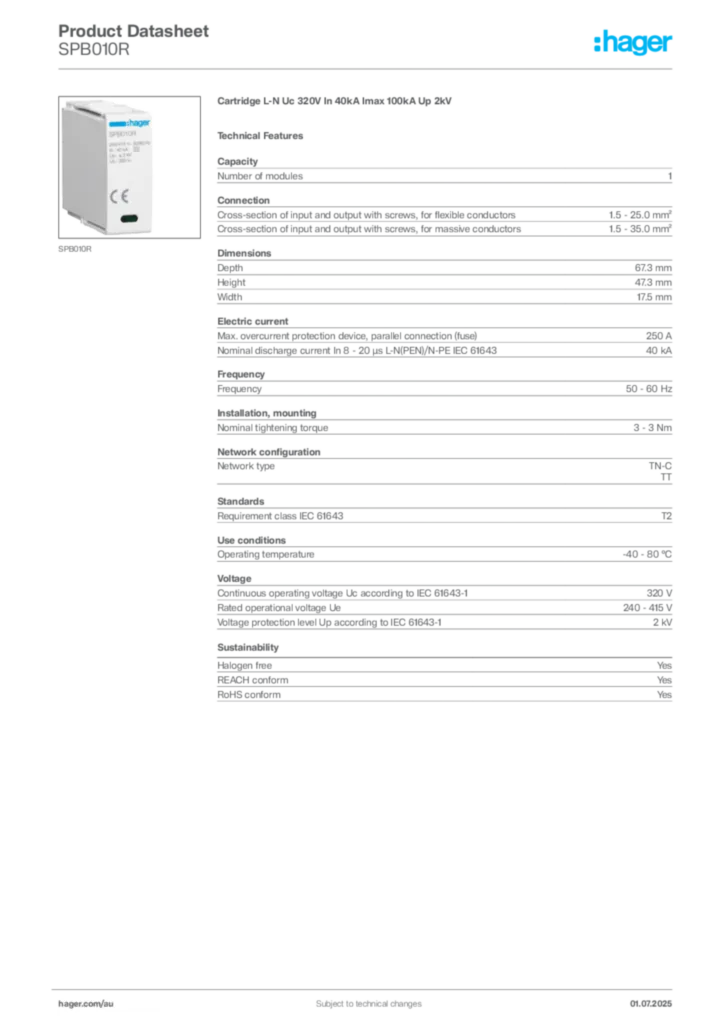 Image Hager Product data sheet SPB010R  | Hager Australia