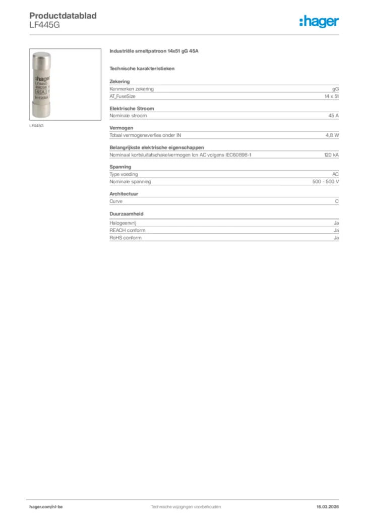 Afbeelding Hager Productdatablad LF445G | Hager Belgium