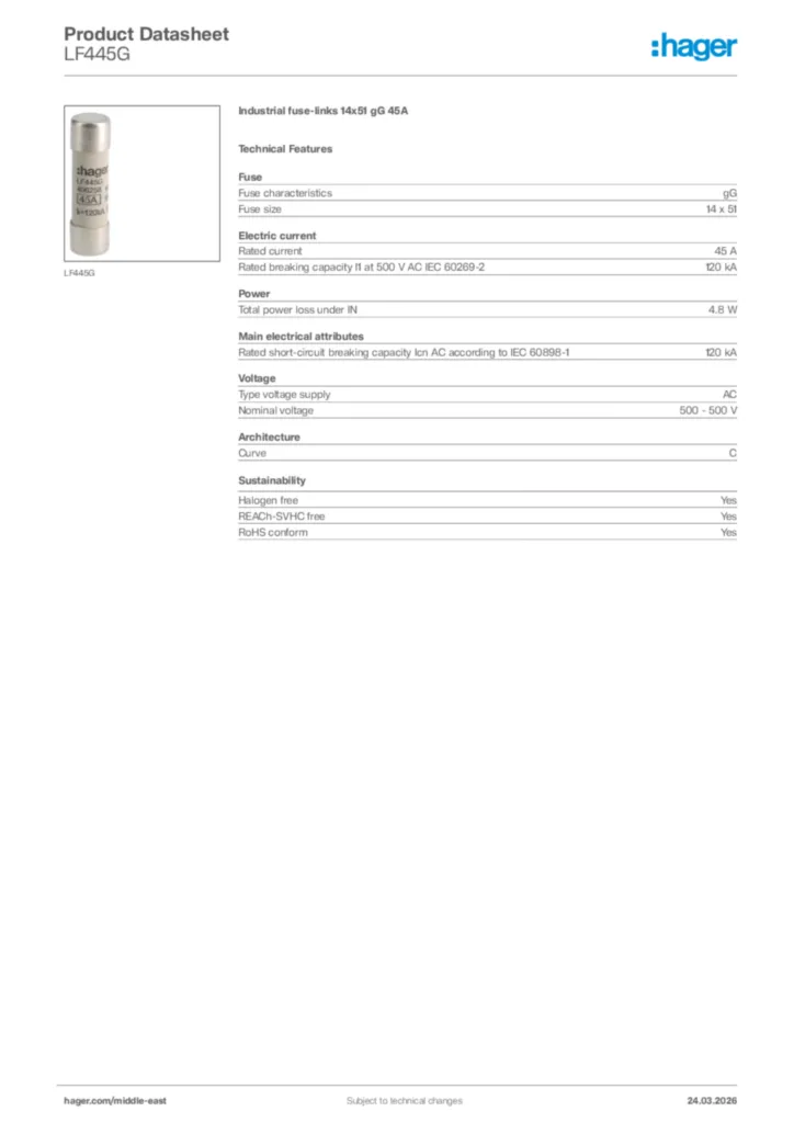 Image Hager Product data sheet LF445G  | Hager
