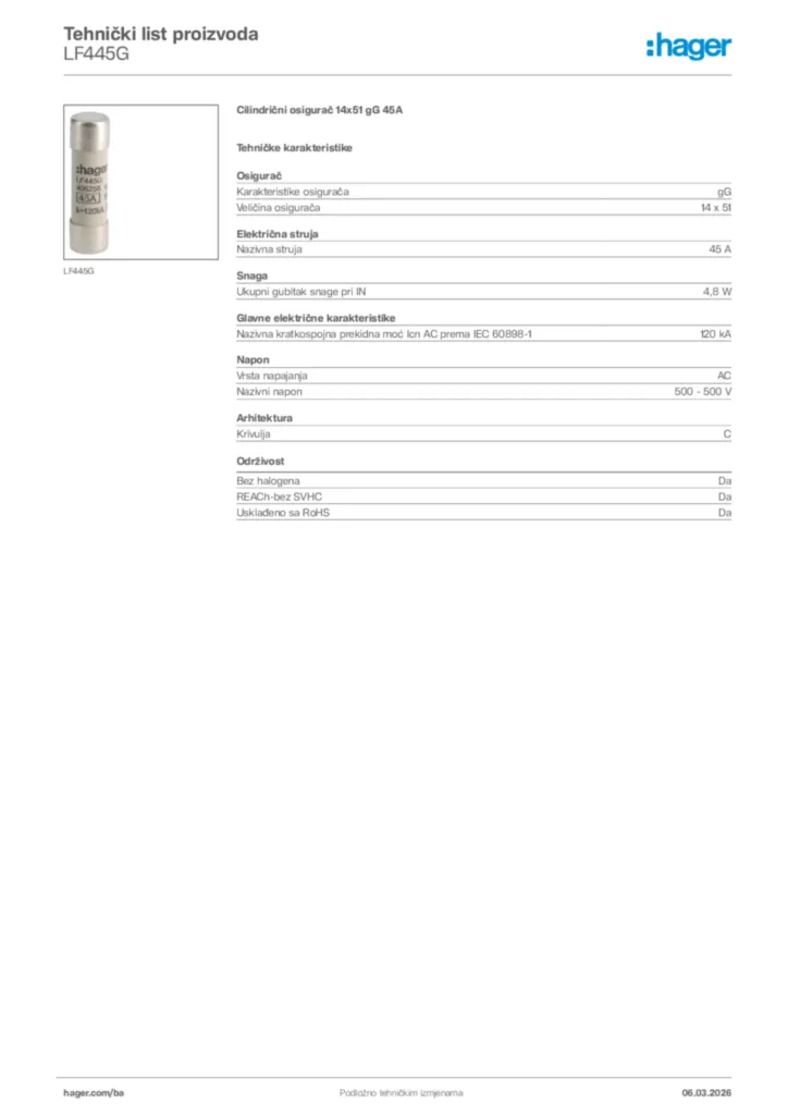 Slika Hager Tehnički list proizvoda LF445G  | Hager