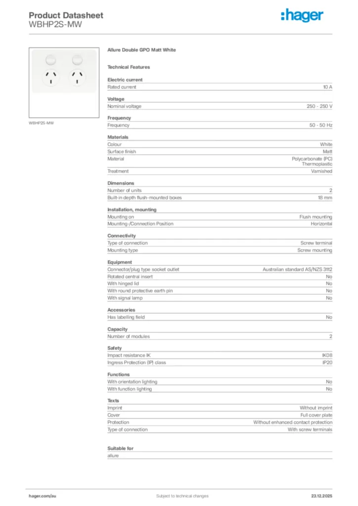 Image Hager Product data sheet WBHP2S-MW  | Hager Australia
