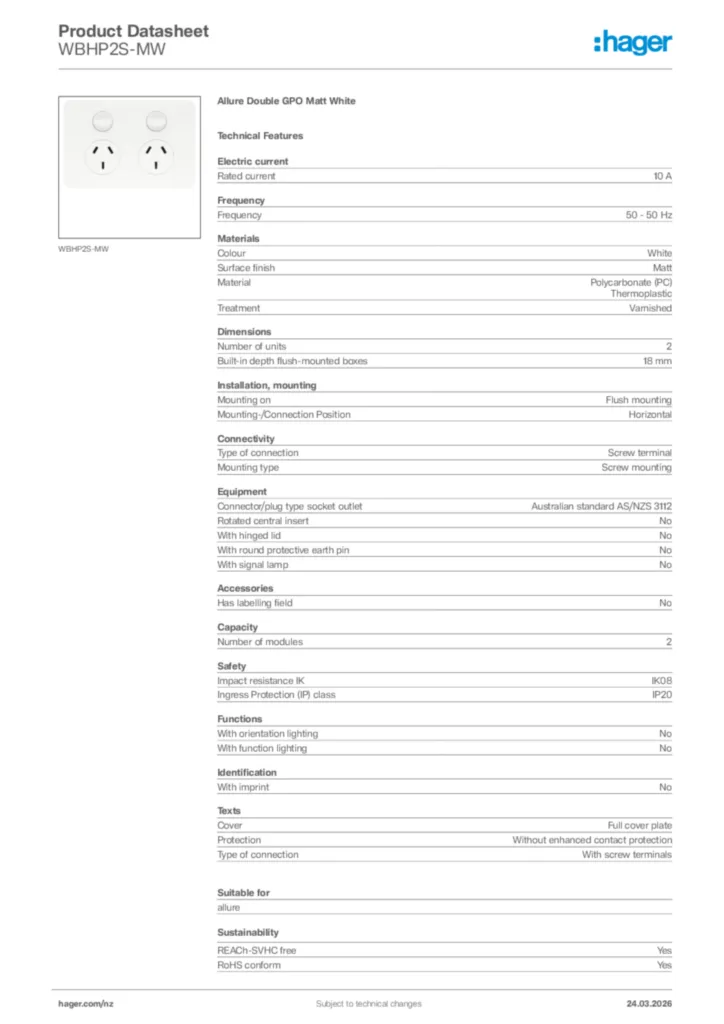 Image Hager Product data sheet WBHP2S-MW  | Hager New Zealand