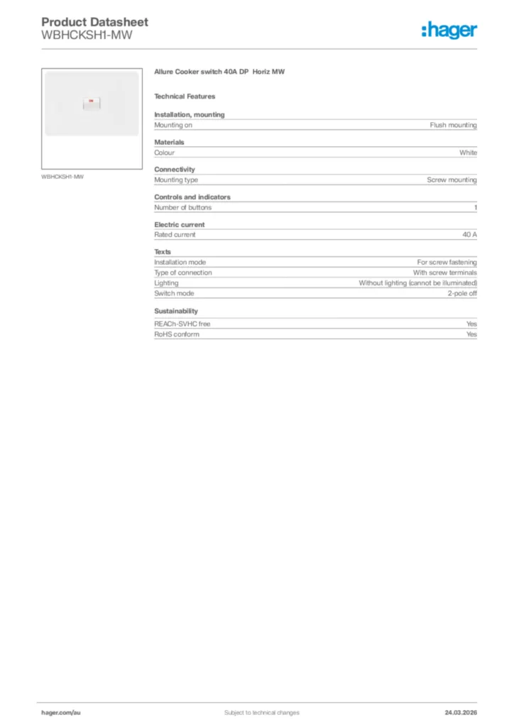 Image Hager Product data sheet WBHCKSH1-MW  | Hager Australia