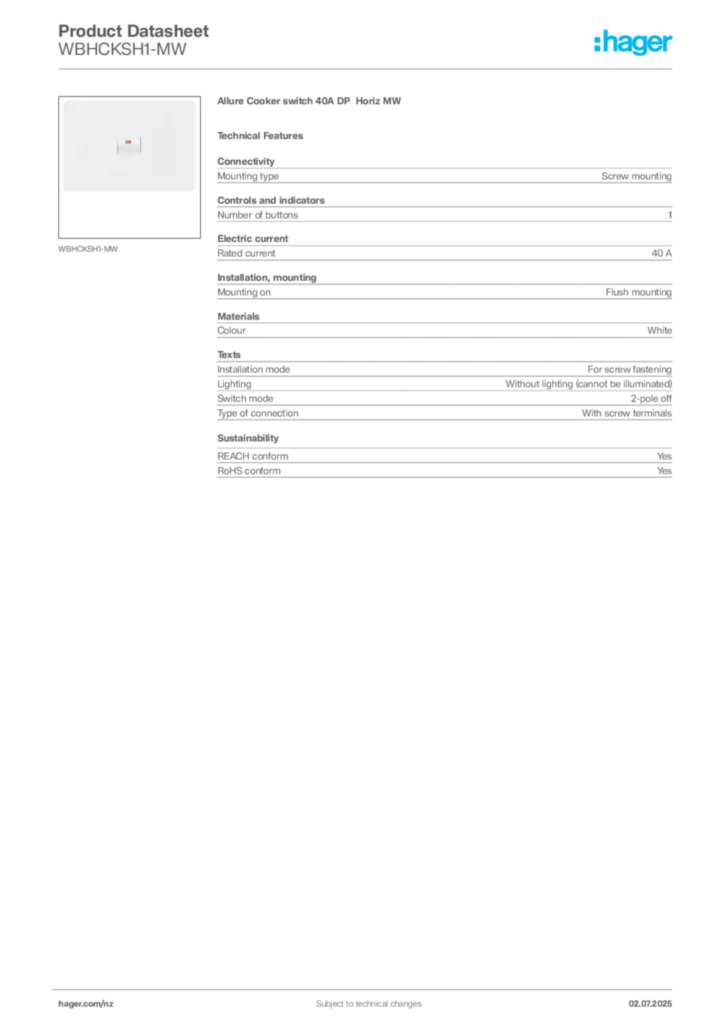 Image Hager Product data sheet WBHCKSH1-MW  | Hager New Zealand