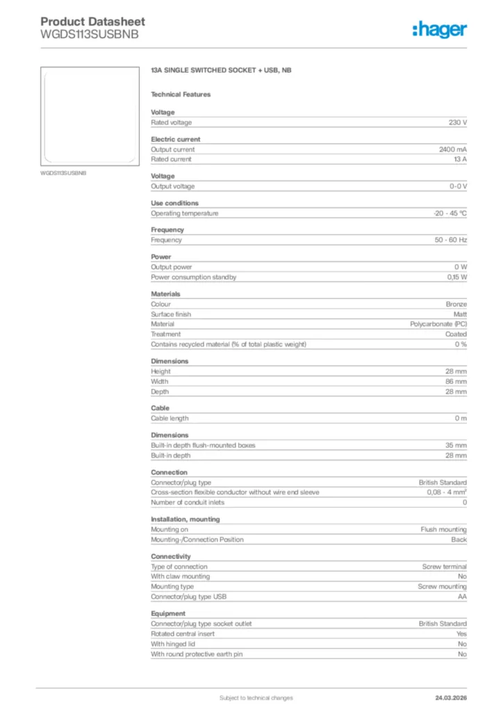 Image Hager Product data sheet WGDS113SUSBNB  | Hager