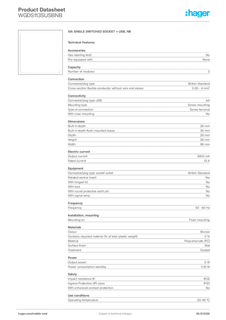 Image Hager Product data sheet WGDS113SUSBNB  | Hager