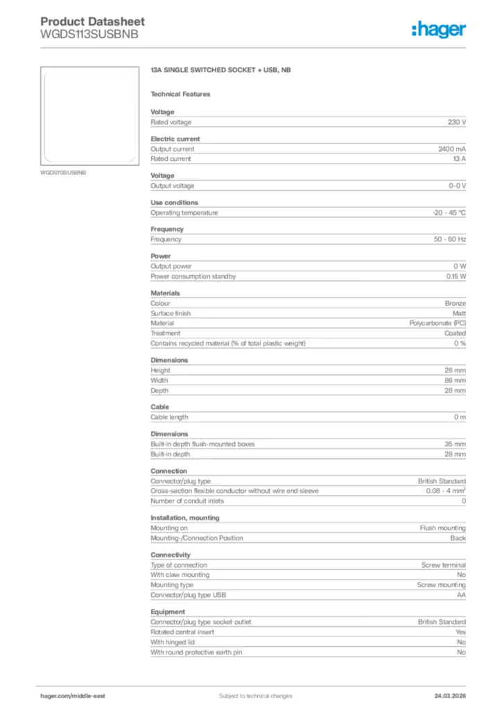 Image Hager Product data sheet WGDS113SUSBNB  | Hager