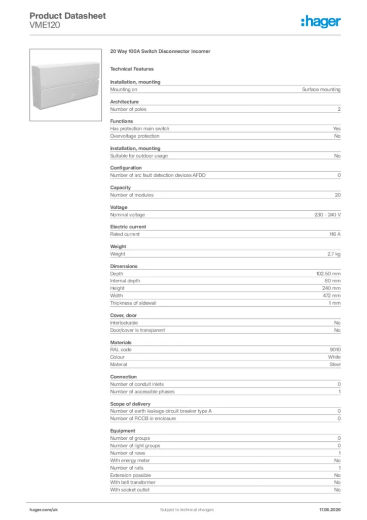 Image Hager Product data sheet VME120  | Hager
