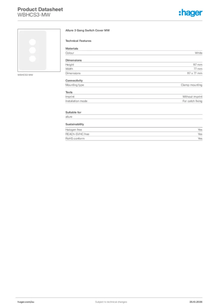 Image Hager Product data sheet WBHCS3-MW  | Hager Australia