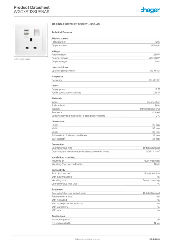 Image Hager Product data sheet WGCXS113SUSBAS  | Hager Africa