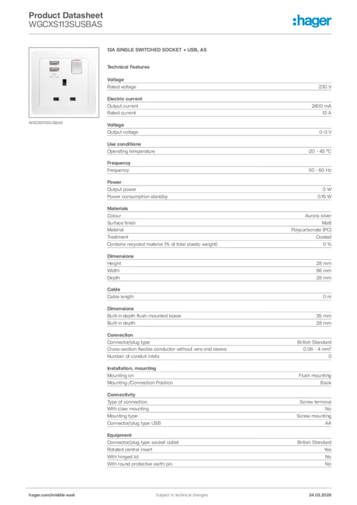 Image Hager Product data sheet WGCXS113SUSBAS  | Hager