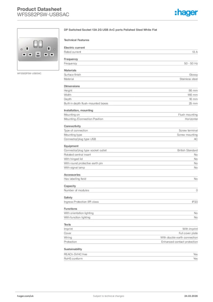 Image Hager Product data sheet WFSS82PSW-USBSAC  | Hager