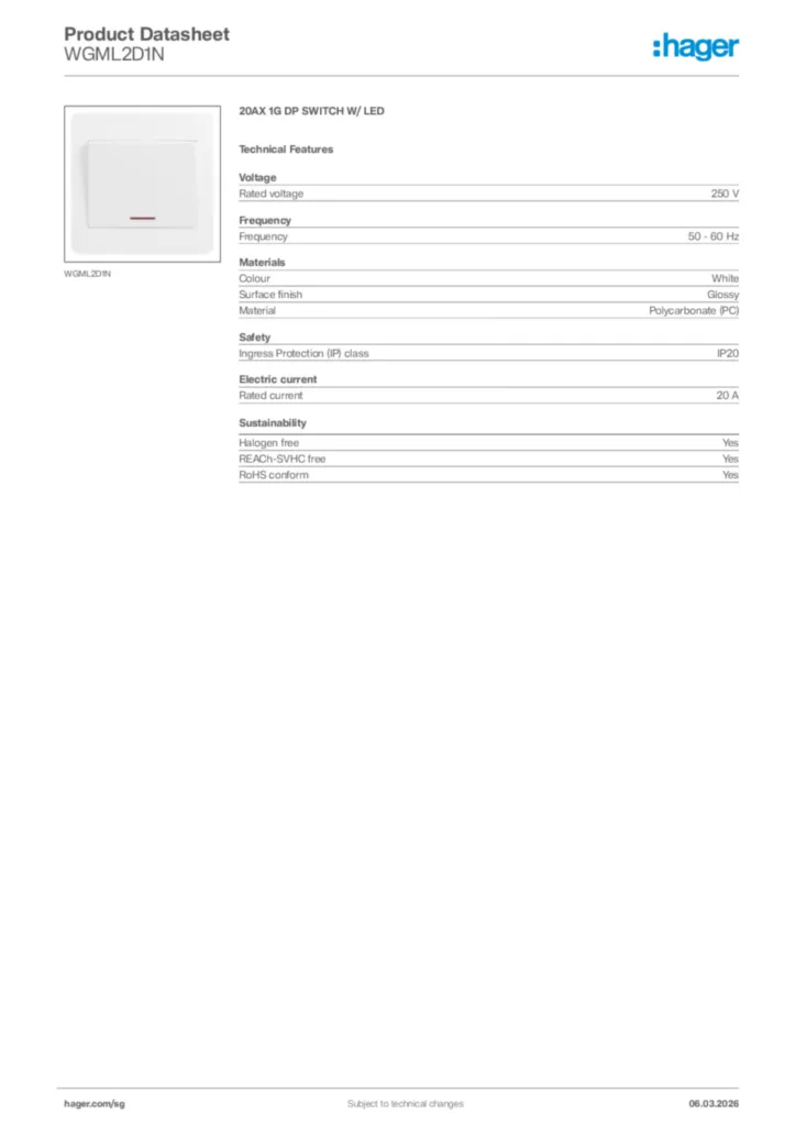 Image Hager Product data sheet WGML2D1N  | Hager