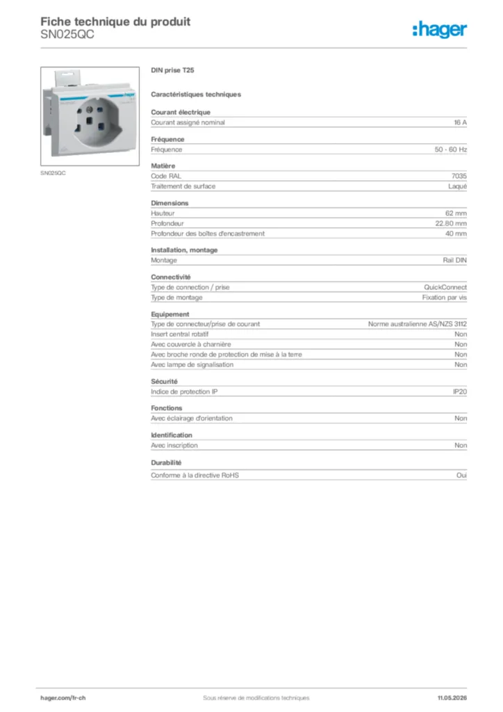 Image Hager Fiche technique du produit SN025QC | Hager Suisse