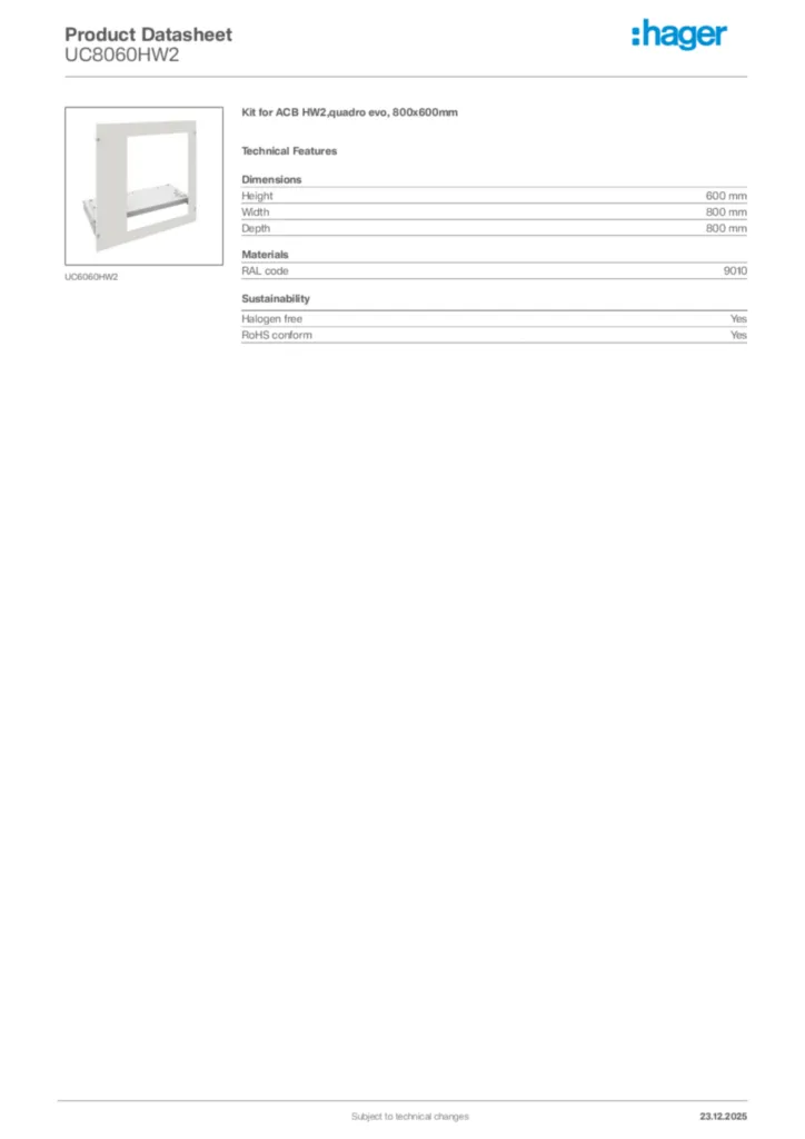 Image Hager Product data sheet UC8060HW2  | Hager Africa