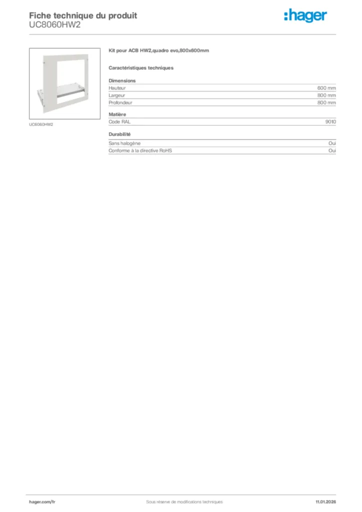 Image Hager Fiche technique du produit UC8060HW2 | Hager France