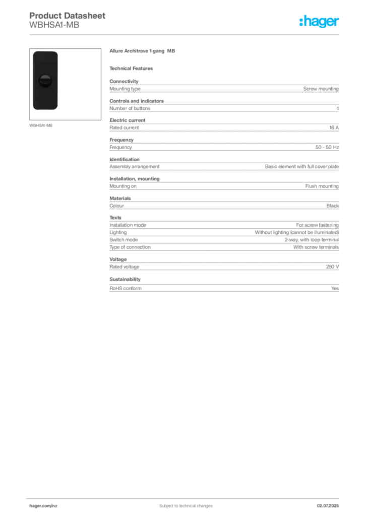 Image Hager Product data sheet WBHSA1-MB  | Hager New Zealand