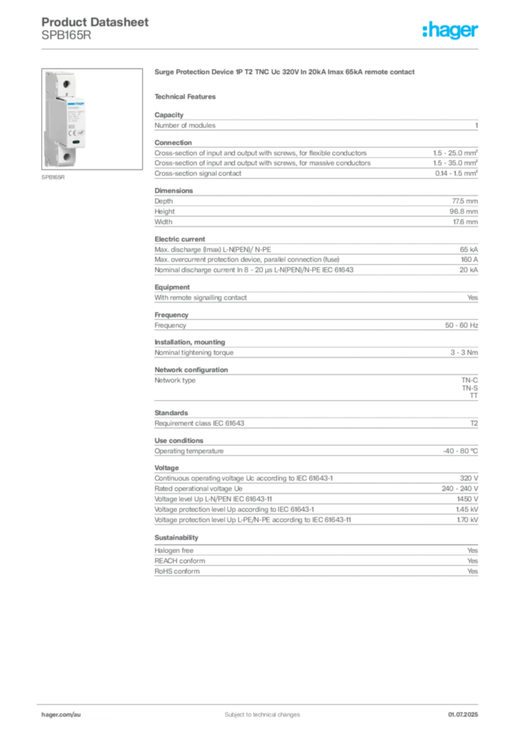 Image Hager Product data sheet SPB165R  | Hager Australia