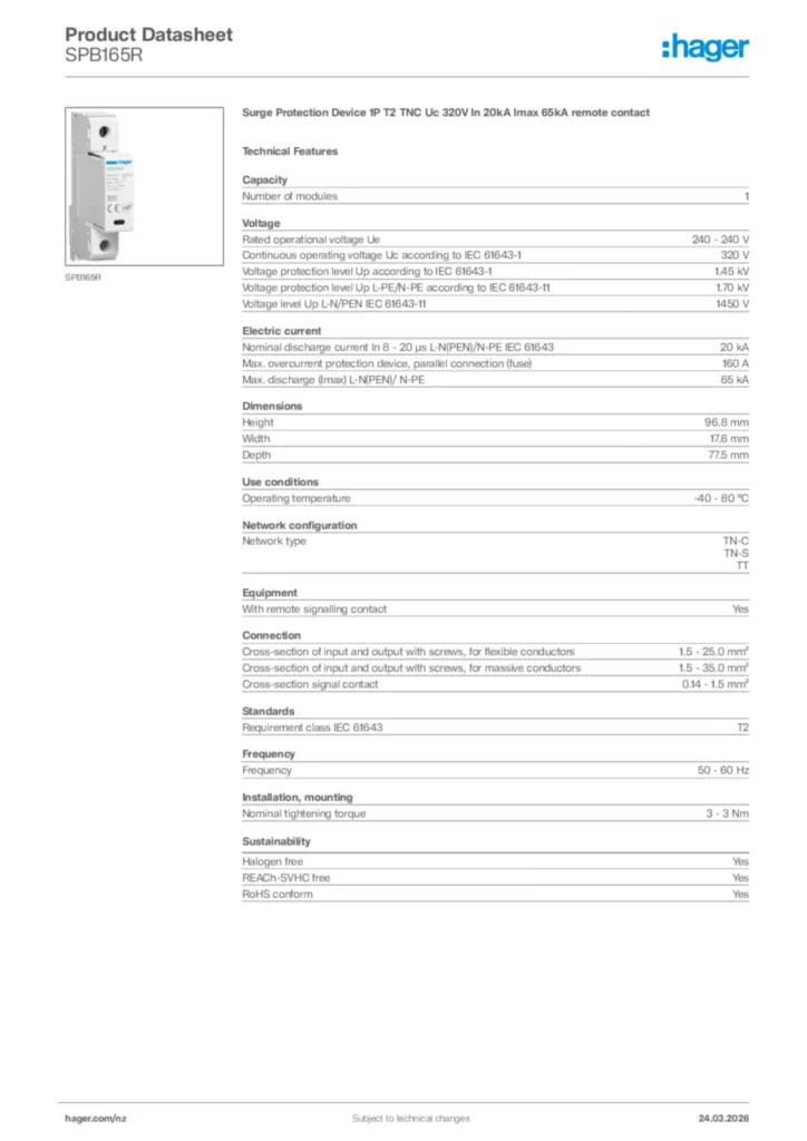 Image Hager Product data sheet SPB165R  | Hager New Zealand