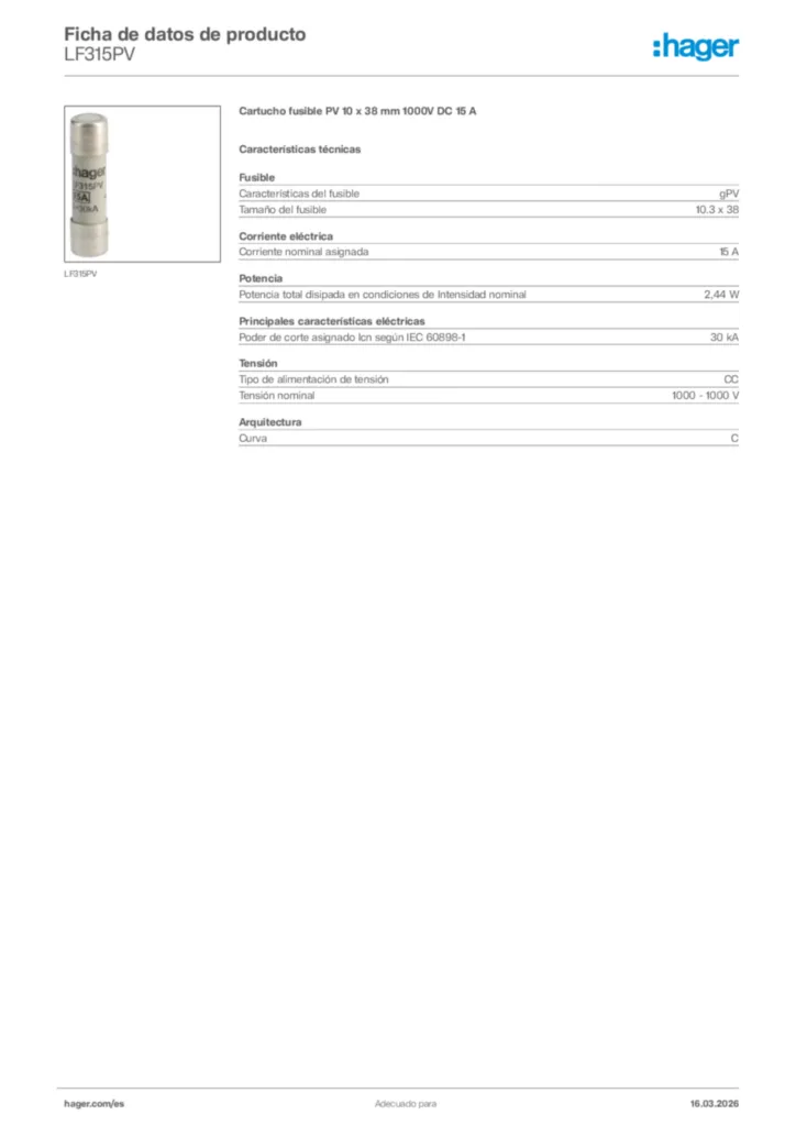 Imagen Hager Ficha de datos de producto LF315PV | Hager España