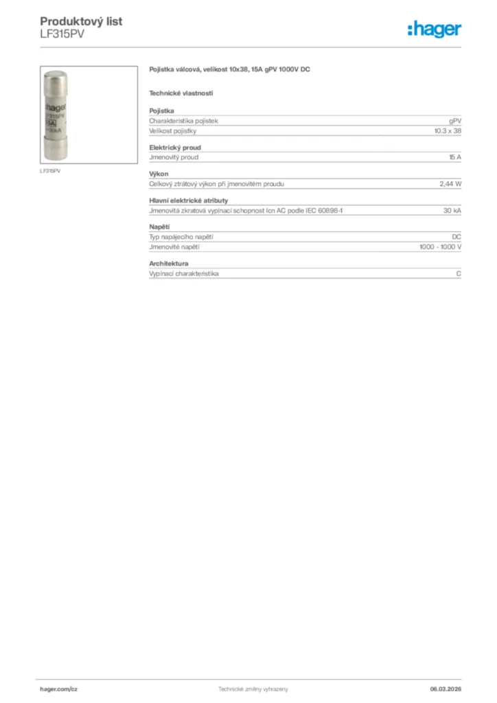 Obrázek Hager Product data sheet LF315PV | Hager