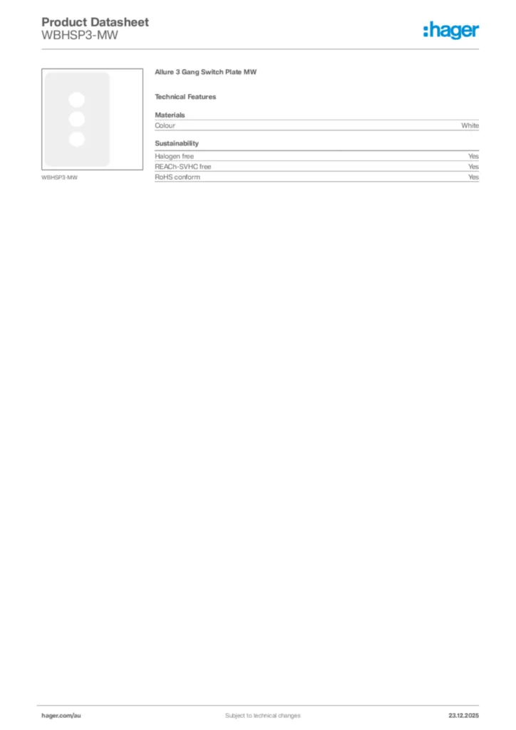 Image Hager Product data sheet WBHSP3-MW  | Hager Australia