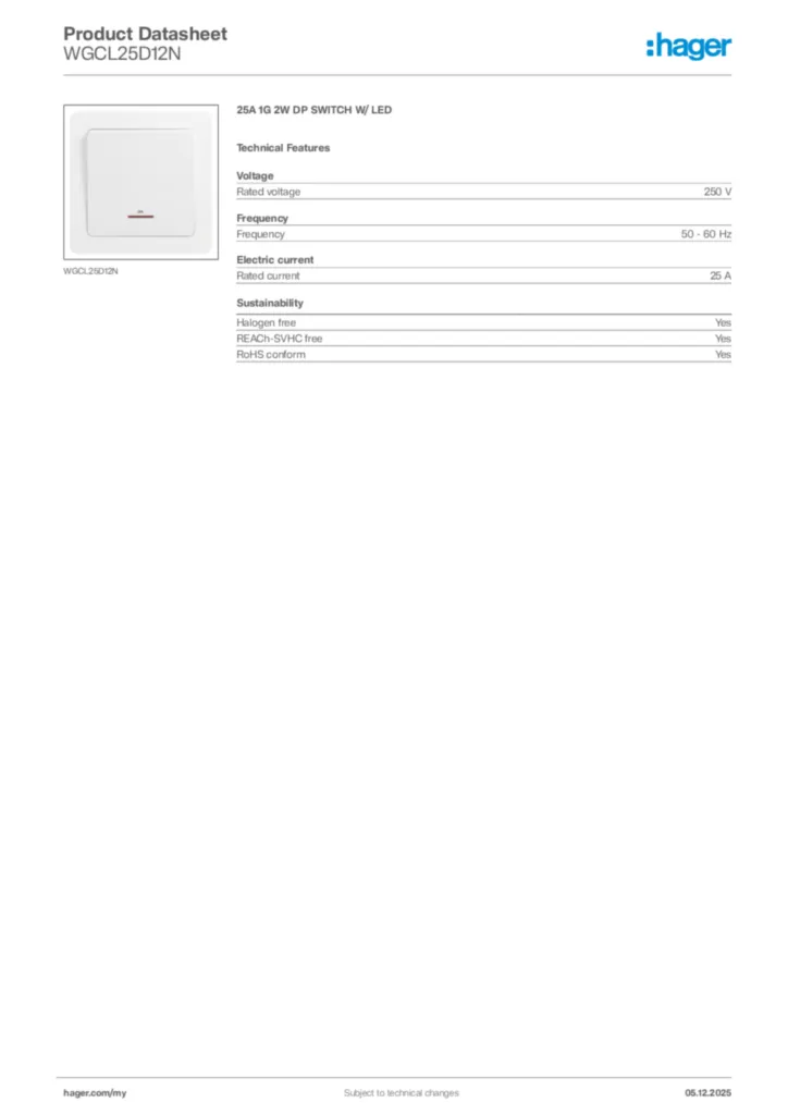 Image Hager Product data sheet WGCL25D12N  | Hager