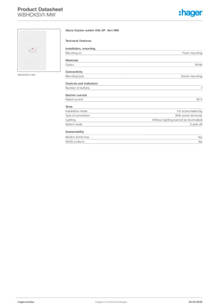 Image Hager Product data sheet WBHCKSV1-MW  | Hager Australia