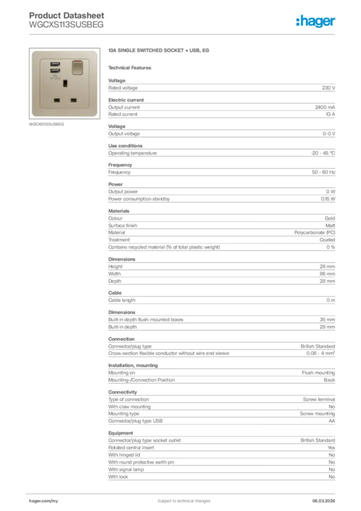 Image Hager Product data sheet WGCXS113SUSBEG  | Hager