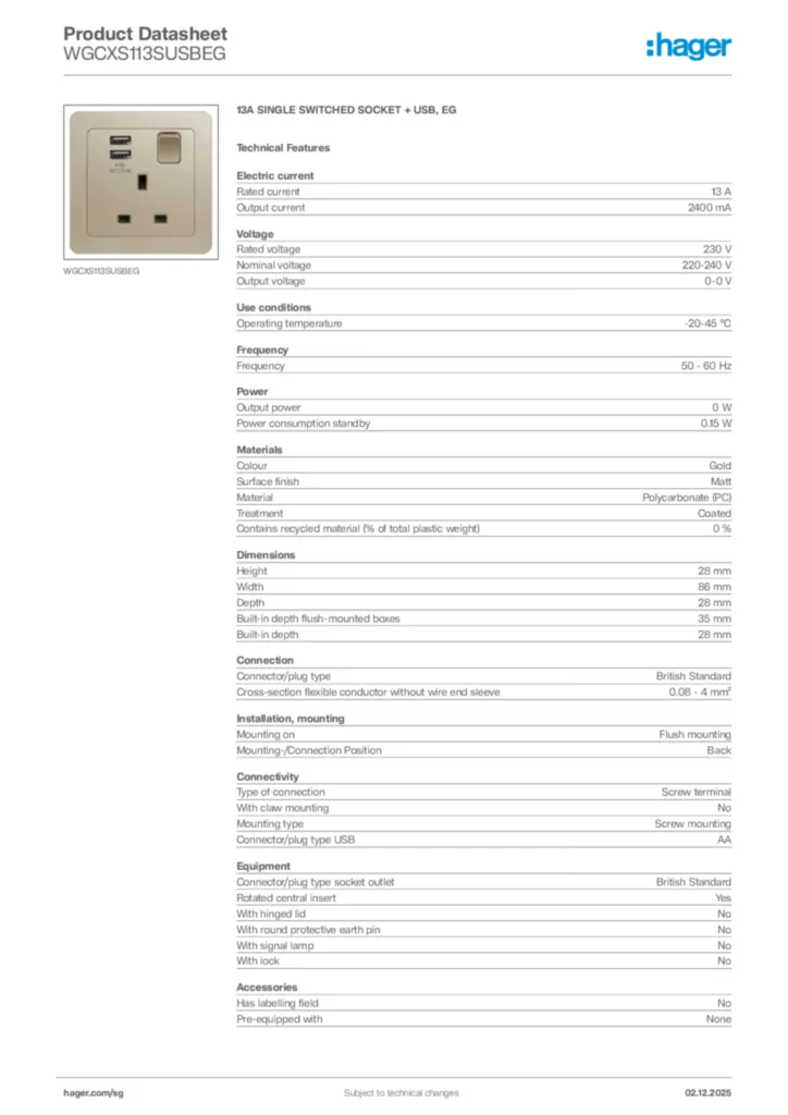 Image Hager Product data sheet WGCXS113SUSBEG  | Hager
