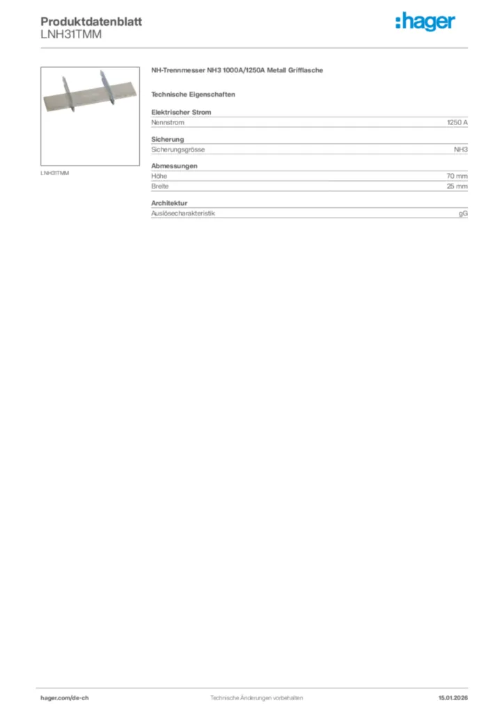 Bild Hager Produktdatenblatt LNH31TMM | Hager Schweiz