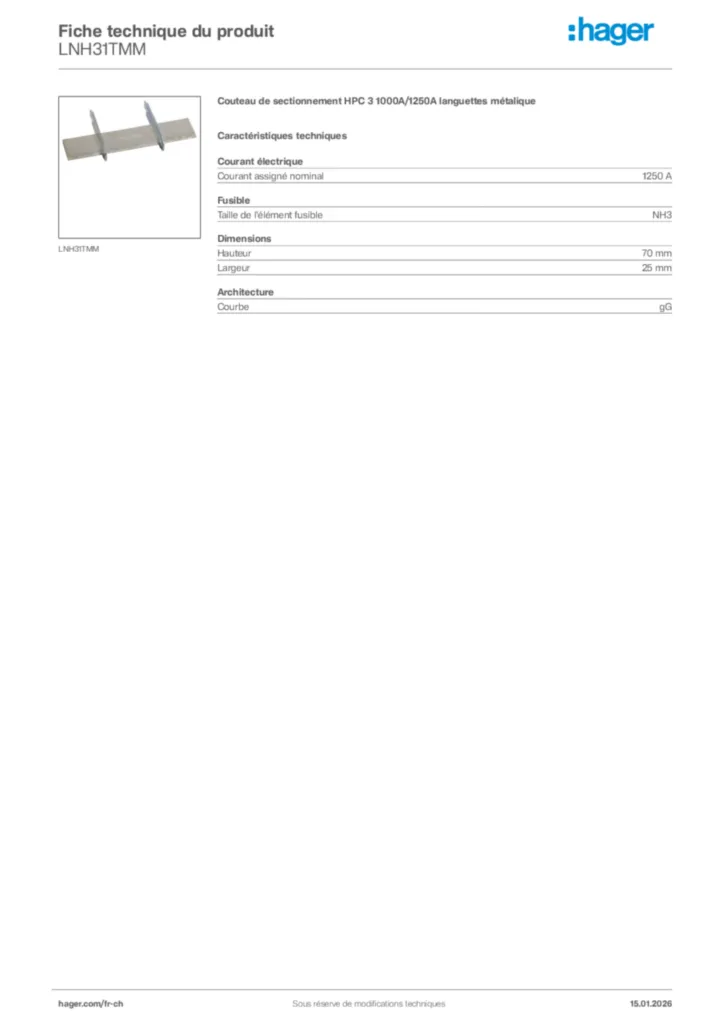 Image Hager Fiche technique du produit LNH31TMM | Hager Suisse