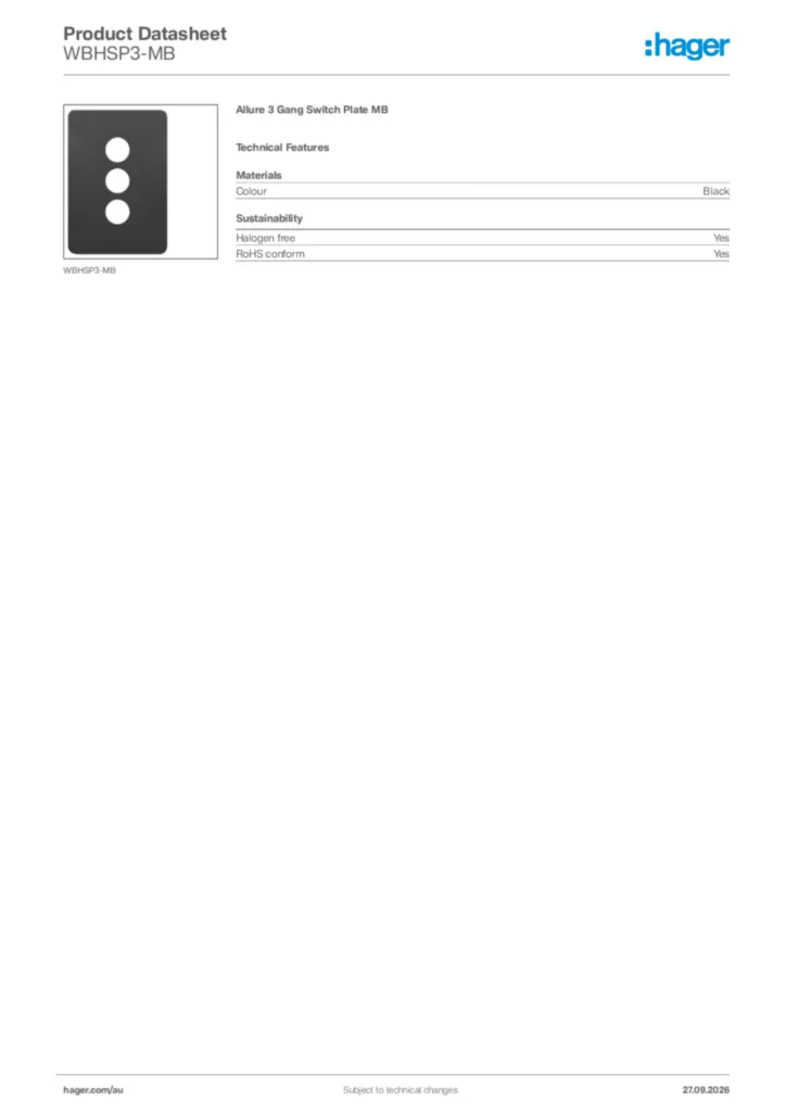Image Hager Product data sheet WBHSP3-MB  | Hager Australia