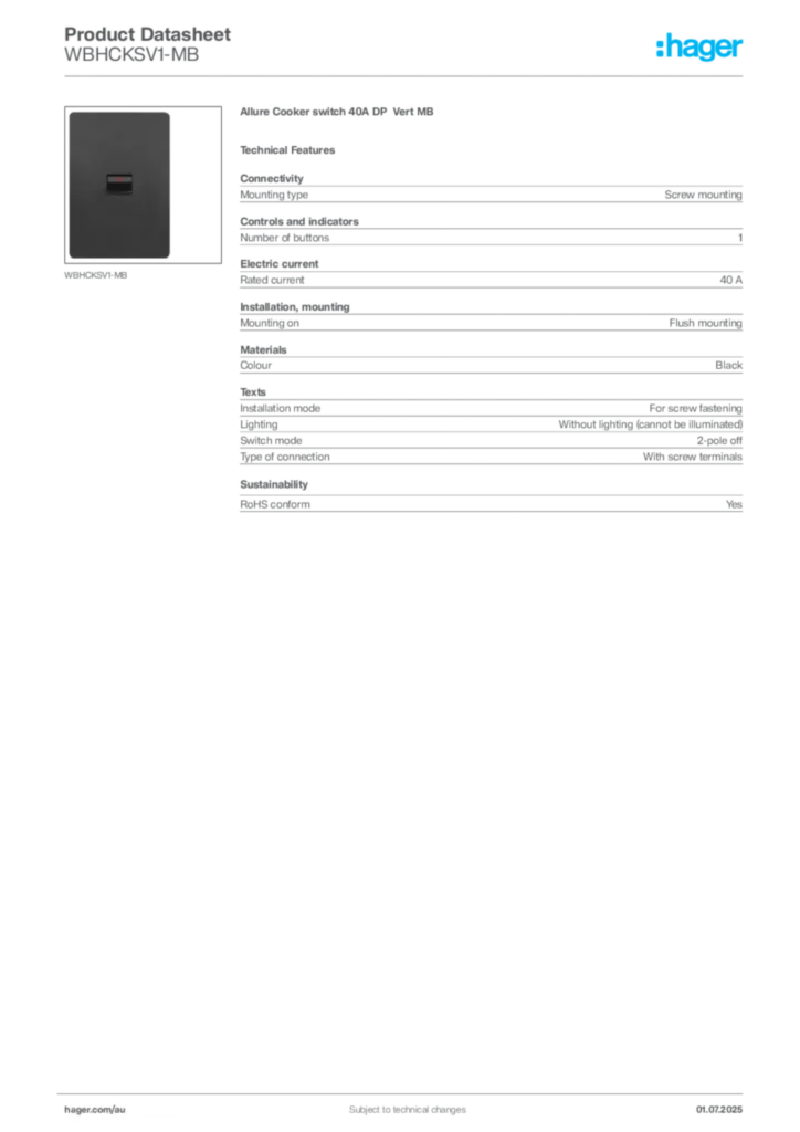 Image Hager Product data sheet WBHCKSV1-MB  | Hager Australia