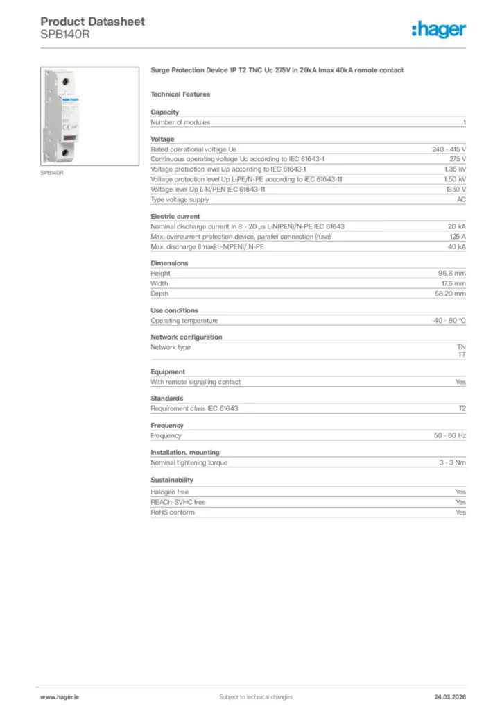 Image Hager Product data sheet SPB140R  | Hager