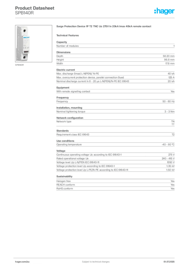 Image Hager Product data sheet SPB140R  | Hager Australia
