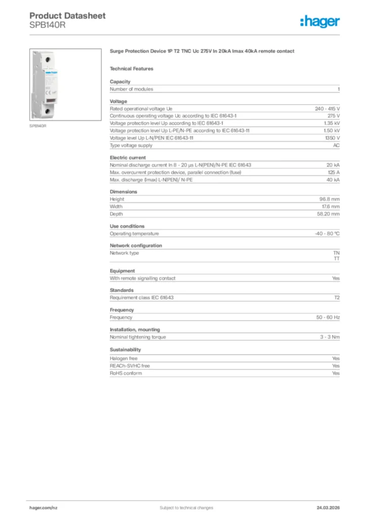 Image Hager Product data sheet SPB140R  | Hager New Zealand