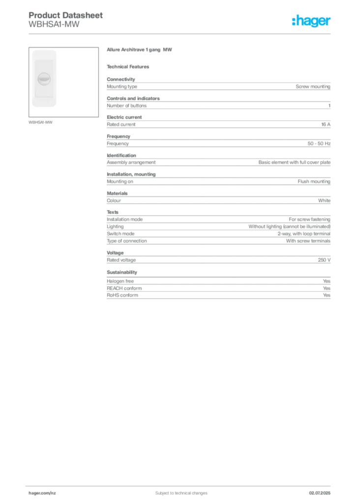 Image Hager Product data sheet WBHSA1-MW  | Hager New Zealand