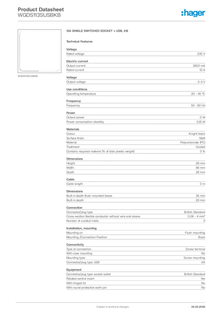 Image Hager Product data sheet WGDS113SUSBKB  | Hager