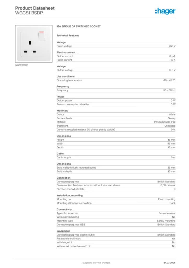 Image Hager Product data sheet WGCS113SDP  | Hager