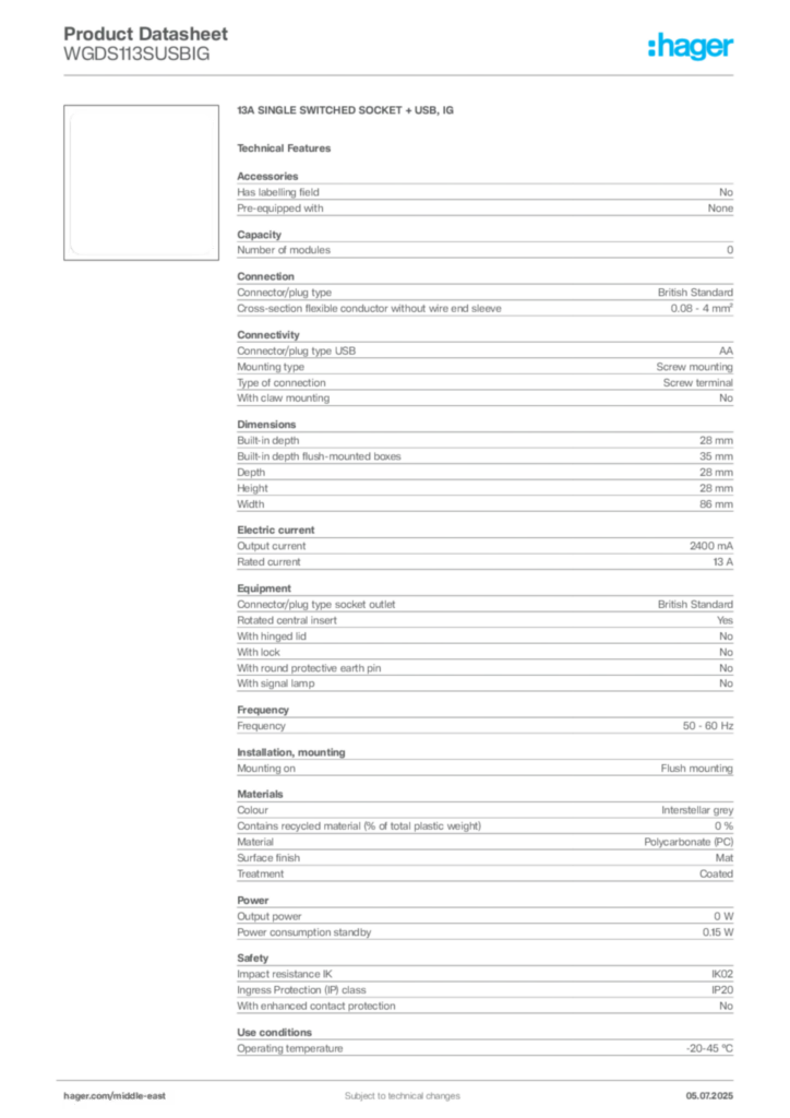 Image Hager Product data sheet WGDS113SUSBIG  | Hager
