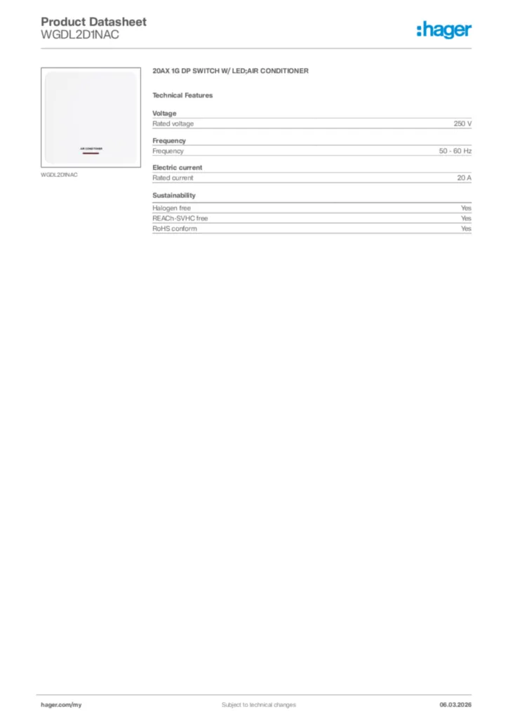 Image Hager Product data sheet WGDL2D1NAC  | Hager