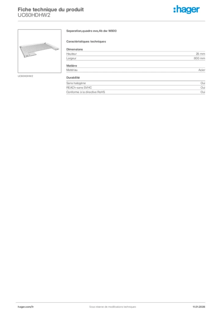 Image Hager Fiche technique du produit UC60HDHW2 | Hager France