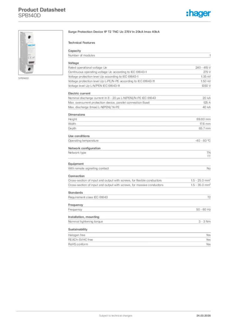 Image Hager Product data sheet SPB140D  | Hager Africa